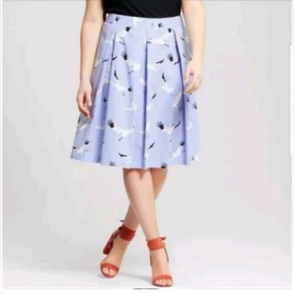 Who What Wear blue & white striped pleated midnskirt SZ 16 A-line w/crane bird - Picture 3 of 11